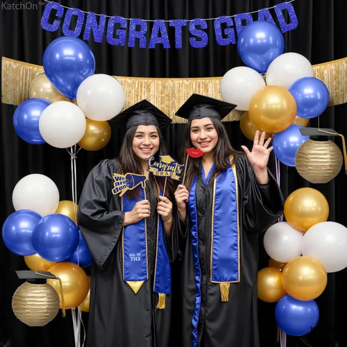 Miniatura 7 de Decoraciones de graduación 2026 Juego de arco de globos de graduación azules y dorados – Paquete enorme de 70 Cartel de felicitación