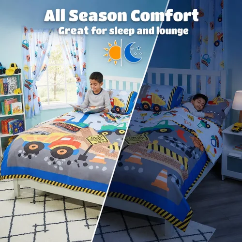Miniatura 5 de EVERYDAY KIDS Edredón de cama tamaño individual/matrimonial para niños pequeños con camiones volquete y excavadoras; ropa de cama para niños