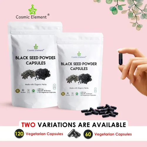 Miniatura 7 de Cosmic Element Cápsulas de polvo de semillas negras 100% puras orgánicas, veganas Nigella Sativa 450 mg de semillas de comino negro por porción