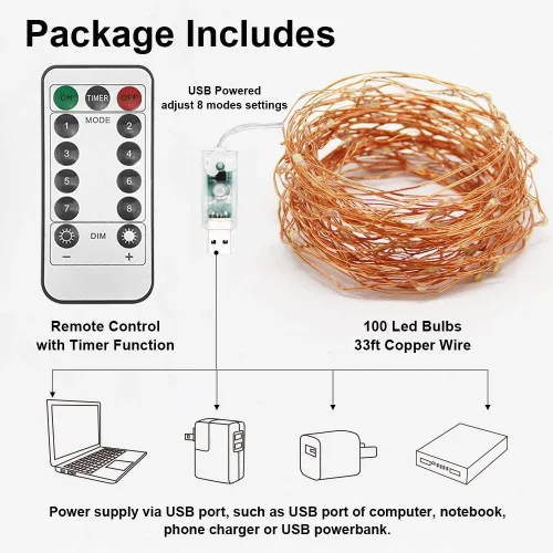 Miniatura 5 de Twinkle Star Guirnalda de luces de alambre de cobre de 100 luces LED de 33 pies Luces de Cadena de Hadas 8 modos, alimentada por USB, con control