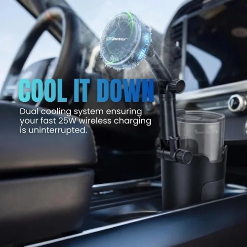 Miniatura 5 de Cargador de coche inalámbrico rápido Qi2 de 25 W con ventilador de enfriamiento, soporte para teléfono con brazo largo ajustable, soporte magnético