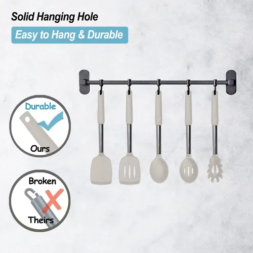 Miniatura 5 de Espátula de silicona y cuchara de cocina, paquete de 5 utensilios de cocina antiadherentes para la cocina, espátulas y cucharas sólidas y ranuradas