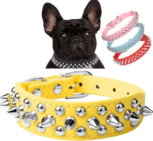 Miniatura 5 de Serijoars Collar para perro con clavos, de piel sintética suave con remaches de hongos, collar ajustable para cachorros (L, Rojo)