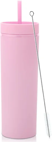 Miniatura 10 de Volhoply Paquete a granel de 4 vasos delgados de plástico de 20 onzas, vaso de doble pared con tapa y popote, taza reutilizable de viaje para café