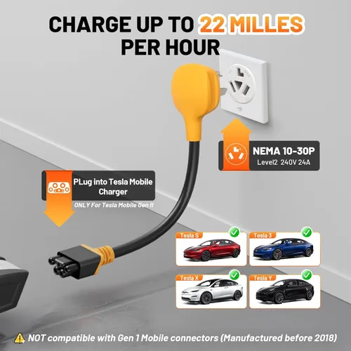 Miniatura 4 de MECMO Adaptador NEMA 10-30 para Cargador Móvil Tesla Gen 2, 24 Amp 240V, Adaptadores Inteligentes 10-30P para Conectores de Cargadores Móviles