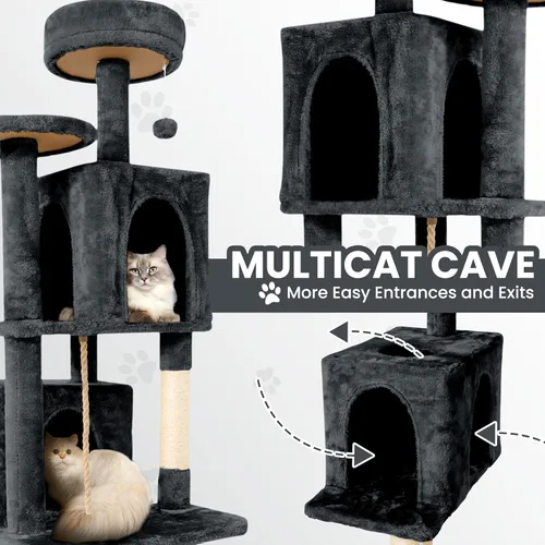 Miniatura 5 de Torre de 58.5 pulgadas para gatos de interior, casa de gato de felpa suave de varios niveles con 1 cueva giratoria de 360°, poste rascador, más Gris