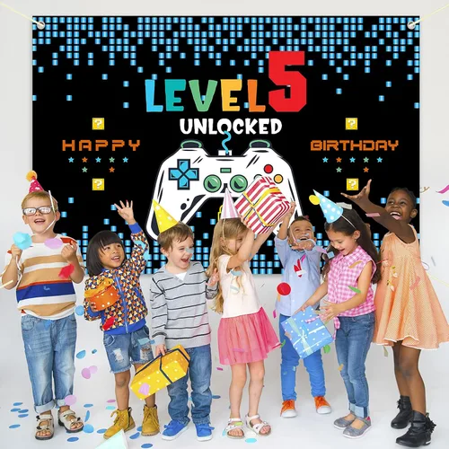 Miniatura 5 de HAMIGAR Telón de fondo Baner de Feliz 5º cumpleaños de 6 x 4 pies - Decoración de cumpleaños desbloqueada nivel 5 suministros de fiesta para niños