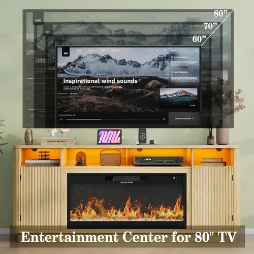 Miniatura 4 de Soporte de TV con chimenea acanalada de 70 pulgadas, centro de entretenimiento moderno con chimenea eléctrica de 36 pulgadas, consola multimedia