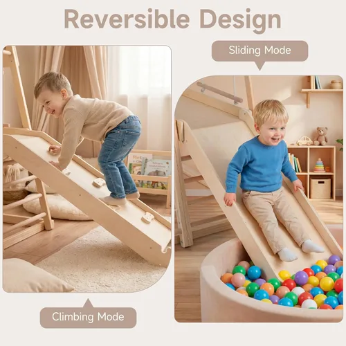 Miniatura 5 de OLAKIDS Gimnasio interior de la selva, 8 en 1 de madera Montessori juguetes de escalada para niños pequeños con rampa ajustable deslizante, escalera