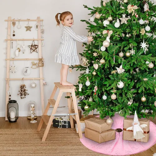 Miniatura 4 de Skylety Falda de árbol de 36 pulgadas para el día de San Valentín, falda redonda de tul con volantes y lentejuelas de doble capa para Año Nuevo, Rosa