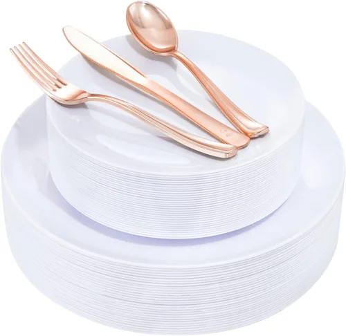 Miniatura 13 de YOUBET 125 piezas de platos de plástico negros y dorados - Platos desechables negros con borde dorado - Incluye 25 platos de cena, 25 platos