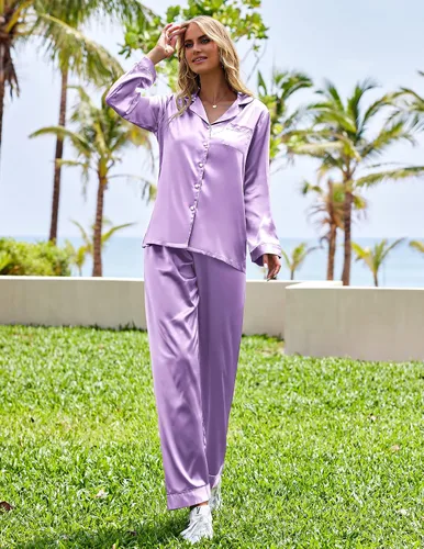 Miniatura 2 de Ekouaer Conjunto de pijama de satén largo clásico de verano para mujer
