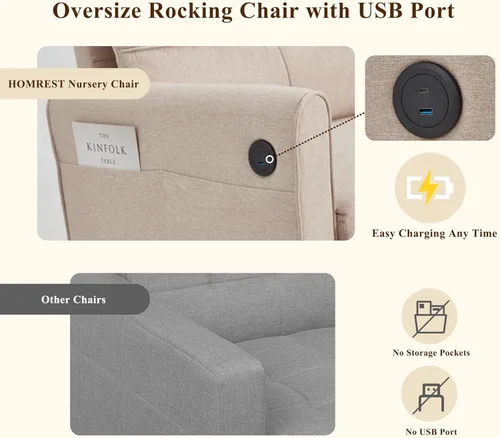 Miniatura 4 de HOMREST Mecedora Tapizada de Gran Tamaño, Mecedora para Guardería con Respaldo Alto y Bolsillo Lateral con Puerto USB, Sillón Oscilante Doble Ancho