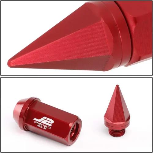 Miniatura 4 de J2 Engineering 7075-T6 Aluminio M12 x 1.25 20Pcs 2.953 in Alto Spiky Cap Lug Nut w/Adapter Rojo