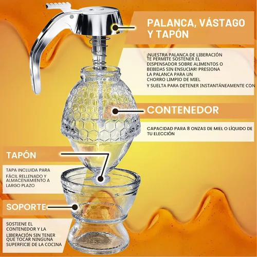 Miniatura 3 de CLEVLI Dispensador de Miel – Vidrio Antigoteo con Soporte – Frasco de Miel – Recipiente de Miel de Vidrio Transparente con Cucharón de 8 Oz