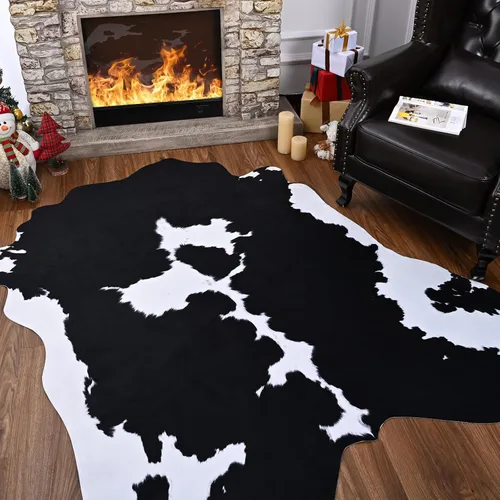 Comeet Alfombra de piel de vaca sintética de 4 x 3 pies, alfombra de vaca mediana con estampado de vaca gruesa, antideslizante, alfombra de área con