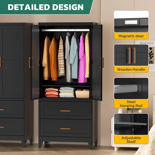 Miniatura 7 de Greenvelly Metal Storage Wardrobe Cabinet with Lock, Metal Wardrobe Closet with Doors and Shelves, Modern Clothes Closet for Office, Bedroom and
