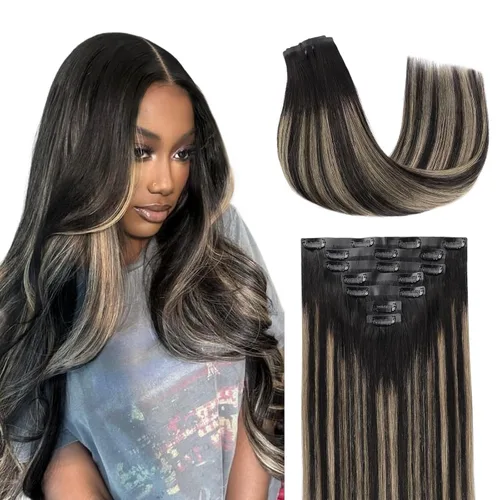 Miniatura 30 de Lashey - Extensiones de cabello con clip sin costuras, de cabello humano real, 7 unidades, 110 g, 14 pulgadas, color negro natural, lacio