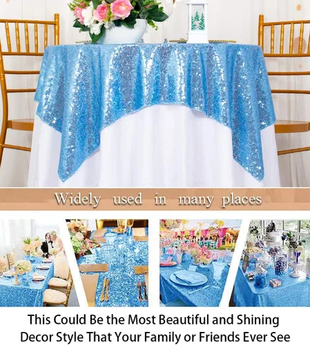 Miniatura 5 de ShinyBeauty Mantel Cuadrado Pequeño de 36 x 36 Pulgadas Mantel de Lentejuelas Azul Bebé Cubierta de Mesa con Purpurina Superposición Cuadrada
