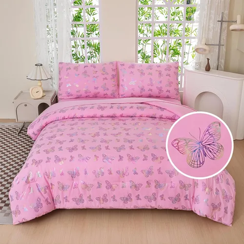 Miniatura 12 de Juego de edredón rosa individual, ropa de cama de 5 piezas en una bolsa individual para niñas adolescentes, juego de ropa de cama con volantes rosas