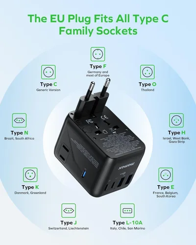 Miniatura 6 de MOMAX Mini Adaptador de Viaje Universal 7 en 1, Adaptador de Corriente Internacional GaN 70W, 2 AC, 3 USB-C PD de Carga Rápida y 2 USB-A QC, Negro