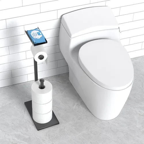 Miniatura 7 de Cisily Soporte de papel higiénico negro con estante para teléfono, decoración para baño. Almacenamiento independiente para rollos de papel
