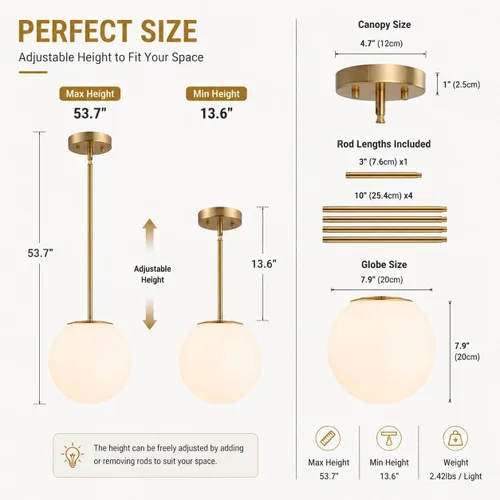 Miniatura 7 de Lámpara colgante moderna de mediados de siglo, globo dorado claro con pantalla de vidrio blanco, acabado de latón cepillado, altura ajustable