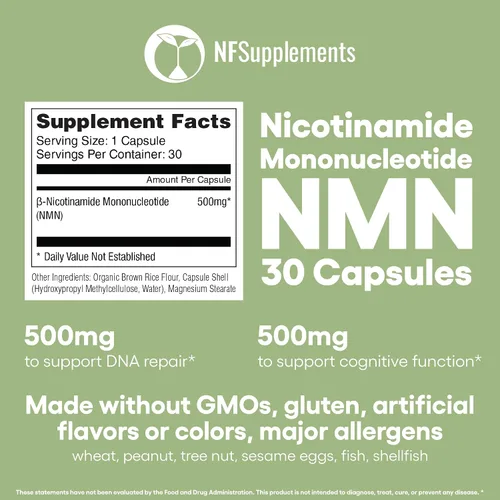 Miniatura 5 de NMN 500mg Cápsulas 99.3% Pureza Mononucleótido de nicotinamida 30 porciones Apoya la reparación del ADN y la función cognitiva Apto