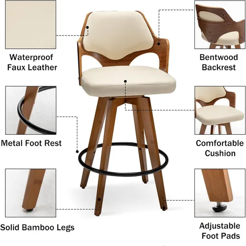 Miniatura 3 de MEKLIBA Juego de 2 taburetes de bar giratorios de altura de mostrador, silla de bar tapizada con patas de bambú, taburetes de mostrador con respaldo