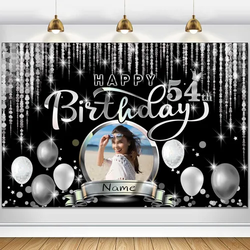 Miniatura 103 de Cartel de decoración de feliz cumpleaños número 100 personalizado - Personalización disponible - Negro y plateado - Tamaño grande - Admite fotos
