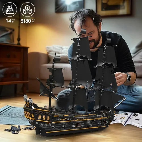 Miniatura 6 de Mould King 13199 Kit de Bloques de Construcción Modelo de Barco Pirata, MOC Juego de Construcción Modelo de Velero Perla Negra Grande