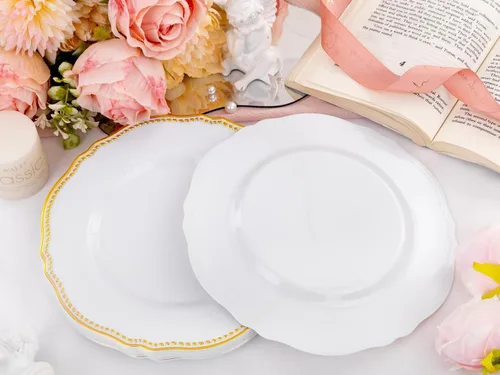 Miniatura 7 de Hioasis 60 platos de plástico dorados, vajilla desechable blanca y dorada con borde dorado, resistente, 7.5 pulgadas, platos de postre para fiestas