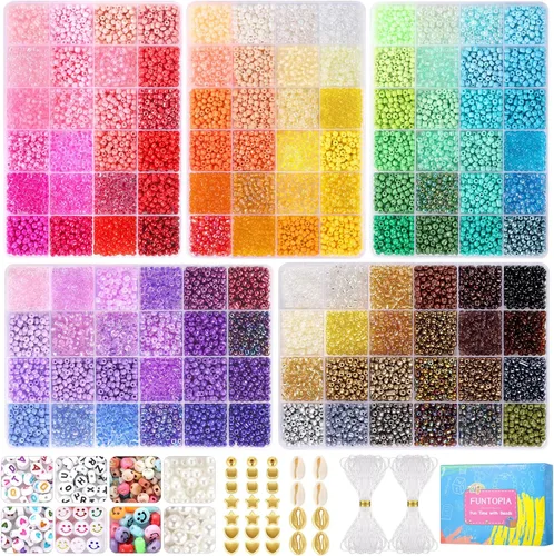 Funtopia 4mm 13000pcs+ Cuentas de Semillas para Hacer Joyas, 120 Colores de Pequeñas Cuentas de Vidrio para Pulseras, Kit de Pulsera de Amistad con