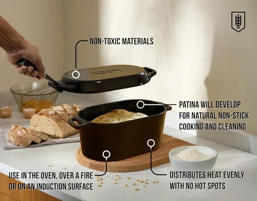 Miniatura 3 de KooK Horno holandés, para hornear pan, molde para pan de masa madre, con tapa, asas dobles, hierro fundido esmaltado, incluye palanca de tapa, apto