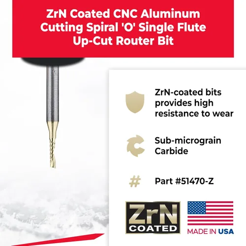 Miniatura 2 de Amana Tool CNC de carburo sólido espiral O flauta arriba-corte, broca de aluminio de corte de enrutador, recubierto de ZrN, 51470-Z, 1/16 D x 1/4 CH