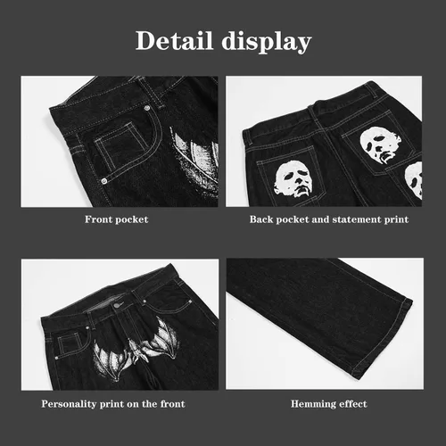 Miniatura 5 de Hip Hop - Pantalones de mezclilla góticos para hombre, con estampado gráfico, holgados, estilo punk, rock, Harajuku, pantalones de mezclilla sueltos
