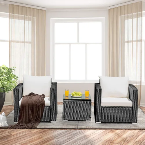 Miniatura 6 de COSTWAY Juego de muebles de patio al aire libre de 3 piezas, sillones acolchados y mesa de centro de vidrio templado, juego de sofá de mimbre