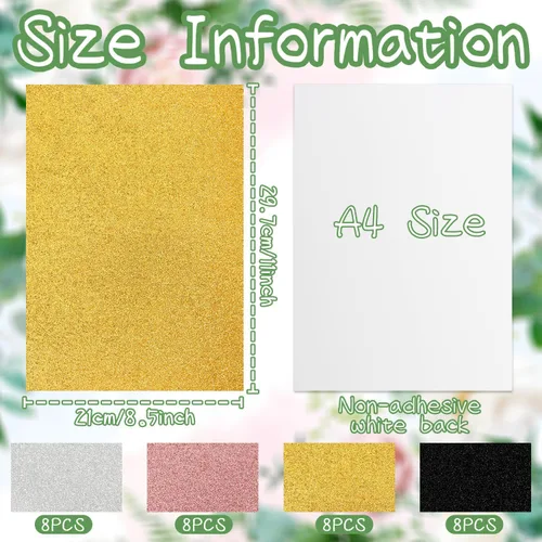 Miniatura 2 de Paquete de 32 hojas de cartulina con purpurina A4, cartulina gruesa de 250 g/m², papel brillante de colores para Cricut, álbum de recortes, póster
