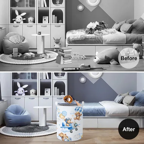 Miniatura 2 de Clastyle Cesta grande de 45 L con asa plegable para almacenamiento de juguetes con tapa para guardería y niños, con diseño de oso azul
