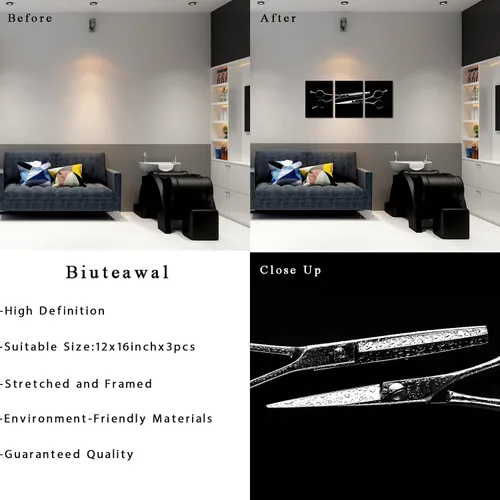 Miniatura 6 de Biuteawal Lienzo para el cabello, arte de pared, tijeras de peluquería, herramientas de corte de pelo, impresión de imagen en lienzo, 3 piezas