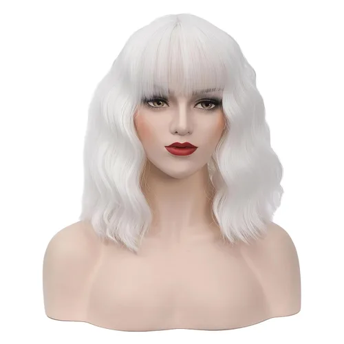 Miniatura 22 de BUFASHION Peluca rizada corta ondulada de 14 pulgadas para mujer, peluca sintética para cosplay, Halloween, peluca con flequillo lateral (negro)