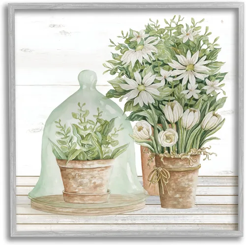 Stupell Industries Cloche tradicional de mesa floral de campo para plantas muertas diseñado por Cindy Jacobs - Arte de pared enmarcado gris, 12 x 12