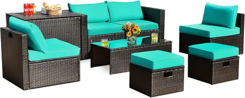Miniatura 14 de Tangkula Patiojoy - Juego de muebles de patio de 8 piezas, sofá seccional de ratán PE para 6 personas con funda impermeable, para jardín, cubierta
