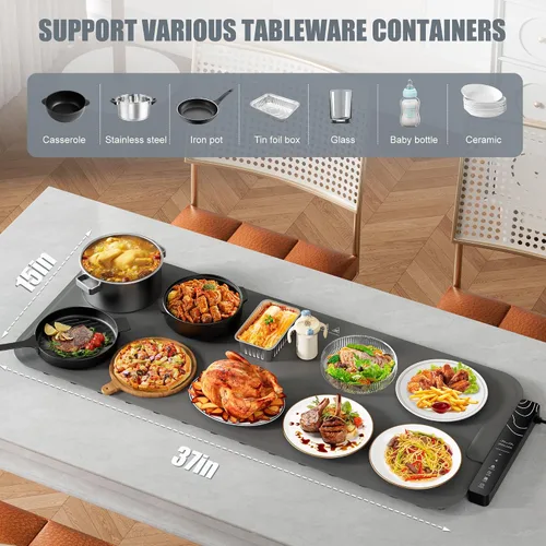 Miniatura 7 de Tapete de calentamiento para alimentos XXL de 37 x 15 pulgadas, almohadilla de calentamiento rápido de 10 segundos, bandeja de calentamiento