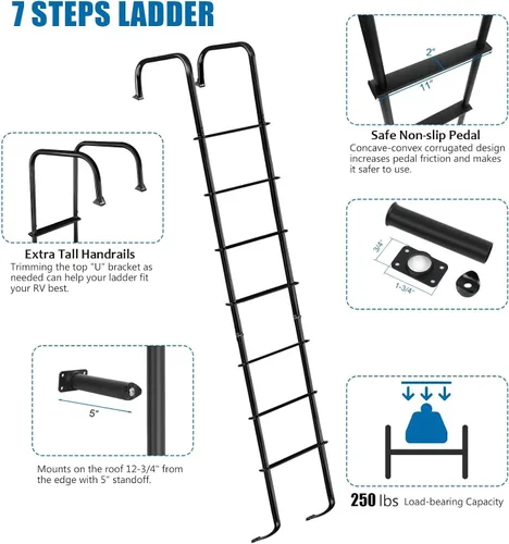 Miniatura 4 de Escalera universal exterior para caravana, escalera de aluminio para remolque de viaje de 7.6 pies y 8.4 pies, capacidad de 250 libras, color negro