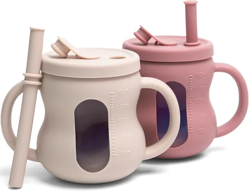 Miniatura 7 de Taza de entrenamiento 100% de silicona para bebé, 2 unidades, vasos transparentes de 5 onzas con pajita para bebés de 6 meses en adelante