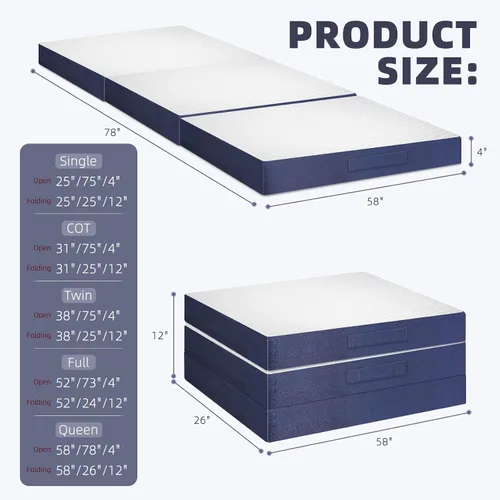 Miniatura 2 de Colchón triple plegable, colchón de espuma plegable de 4 pulgadas con funda transpirable y lavable, cama portátil de invitados para habitación