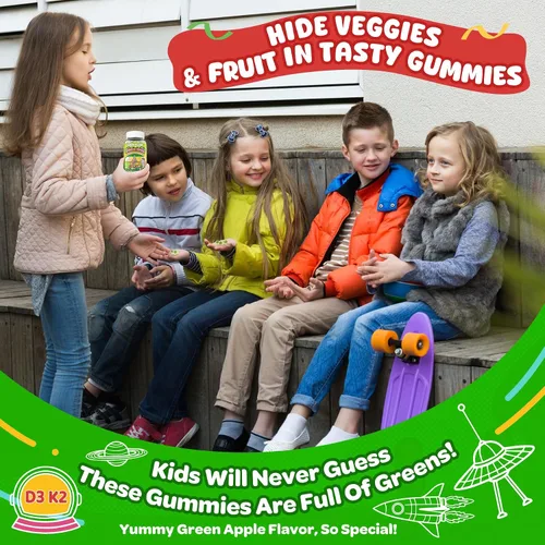 Miniatura 5 de NEVISS Multivitamínico para niños y adolescentes de 4 a 17 años con hierro Omega3 D3K2, Picky Eater Vitamin Super Greens Gomitas, frutas orgánicas