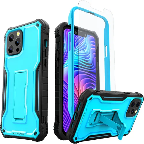Miniatura 10 de ExoGuard Compatible con iPhone 13 Mini, funda de goma a prueba de golpes de cuerpo completo con protector de pantalla de vidrio templado, soporte