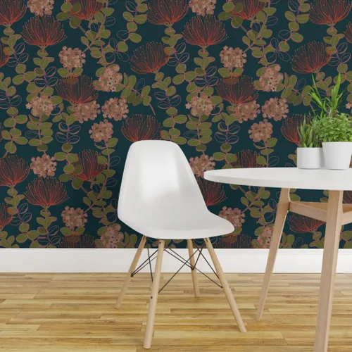 Miniatura 3 de Muestro de papel tapiz extraíble, diseño botánico oscuro hawaiano, flores florales hawaianas, color rojo, verde azulado, tropical mojado, papel
